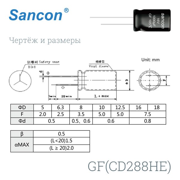 Конденсатор электролитический Sancon GF(CD288HE) 450В 22мкФ Super Low ESR 12х25мм