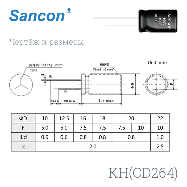 Конденсатор электролитический Sancon CD264 160В 22мкФ 105C 10х20мм