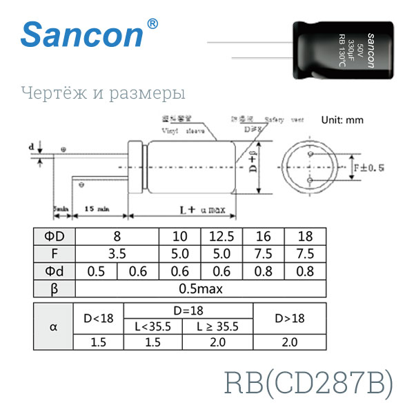 Фото Конденсатор электролитический Sancon RB(CD287B) 16В 1000мкФ 130C , 3 000hrs10x20мм