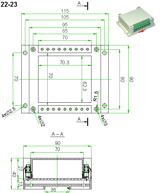 Корпус SANHE 22-23-PC35C, 115*90*40 мм/ DIN